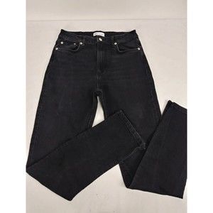 ZARA High Rise Straight Leg Mom Jeans Black Slit Ankle Size 10 Skinny Denim